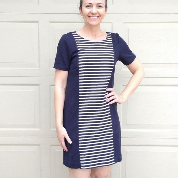 J. Crew Womens Stripe Knit Shift Dress Short Sleeve Back Zip Blue White Size 00 - Picture 1 of 14